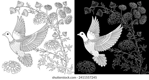 Art therapy coloring page. Coloring book antistress for children and adults. Birds and Flowers Daisies hand drawn in vintage style . Ideal for those who want to feel more connected to nature.
