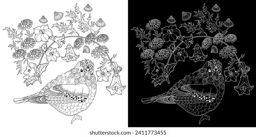 Art therapy coloring page. Coloring book antistress for children and adults. Birds and Flowers Daisies hand drawn in vintage style . Ideal for those who want to feel more connected to nature.
