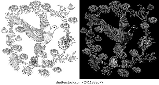 Art therapy coloring page. Coloring book antistress for children and adults. Birds and Flowers Daisies hand drawn in vintage style . Ideal for those who want to feel more connected to nature.
