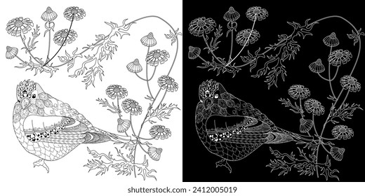 Art therapy coloring page. Coloring book antistress for children and adults. Birds and Flowers Daisies hand drawn in vintage style . Ideal for those who want to feel more connected to nature.
