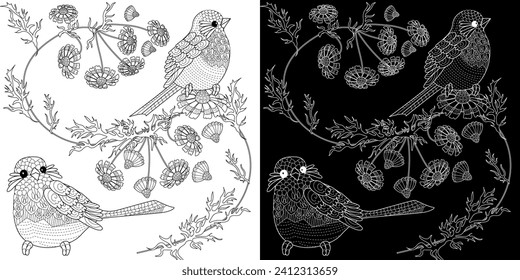 Art therapy coloring page. Coloring book antistress for children and adults. Birds and Flowers Daisies hand drawn in vintage style . Ideal for those who want to feel more connected to nature.
