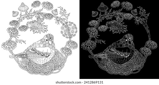 Art therapy coloring page. Coloring book antistress for children and adults. Birds and Flowers Daisies hand drawn in vintage style . Ideal for those who want to feel more connected to nature.
