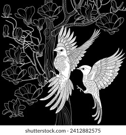 Art therapy coloring page. Coloring book antistress for children and adults. Birds and flowers hand drawn in vintage style . Ideal for those who want to feel more connected to nature.
