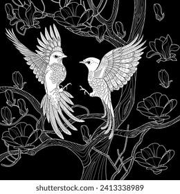 Art therapy coloring page. Coloring book antistress for children and adults. Birds and flowers hand drawn in vintage style . Ideal for those who want to feel more connected to nature.
