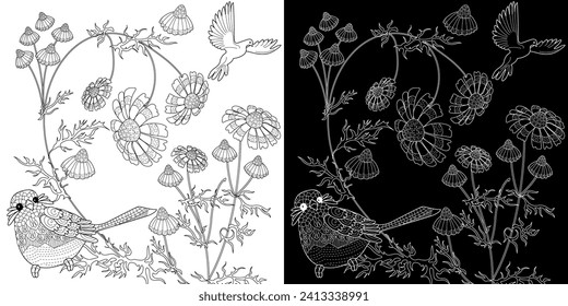 Página de coloreo de la terapia artística. Antiestrés en libros de colores para niños y adultos. Aves y flores Daisies dibujadas a mano en un estilo vintage. Ideal para los que quieren sentirse más conectados con la naturaleza.
