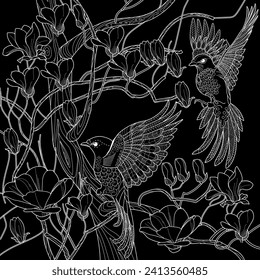 Art therapy coloring page. Coloring book antistress for children and adults. Birds and flowers hand drawn in vintage style . Ideal for those who want to feel more connected to nature.

