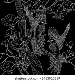 Art therapy coloring page. Coloring book antistress for children and adults. Birds and flowers hand drawn in vintage style . Ideal for those who want to feel more connected to nature.
