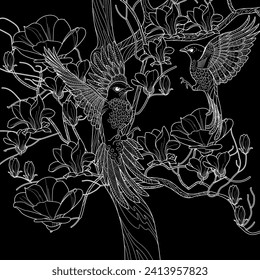 Art therapy coloring page. Coloring book antistress for children and adults. Birds and flowers hand drawn in vintage style . Ideal for those who want to feel more connected to nature.
