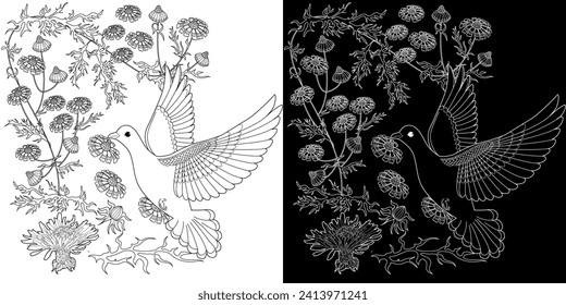 Art therapy coloring page. Coloring book antistress for children and adults. Birds and Flowers Daisies hand drawn in vintage style . Ideal for those who want to feel more connected to nature.
