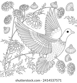 Art therapy coloring page. Coloring book antistress for children and adults. Birds and Flowers Daisies hand drawn in vintage style . Ideal for those who want to feel more connected to nature.
