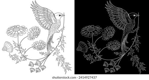 Art therapy coloring page. Coloring book antistress for children and adults. Birds and Flowers Daisies hand drawn in vintage style . Ideal for those who want to feel more connected to nature.
