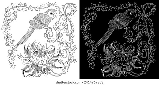 Art therapy coloring page. Coloring book antistress for children and adults. Birds and flowers hand drawn in vintage style . Ideal for those who want to feel more connected to nature.
