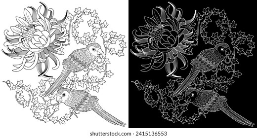 Art therapy coloring page. Coloring book antistress for children and adults. Birds and flowers hand drawn in vintage style . Ideal for those who want to feel more connected to nature.
