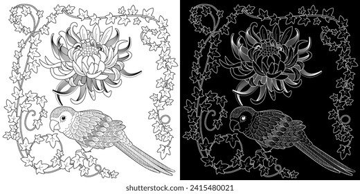 Art therapy coloring page. Coloring book antistress for children and adults. Birds and flowers hand drawn in vintage style . Ideal for those who want to feel more connected to nature.
