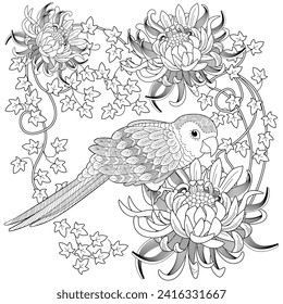 Art therapy coloring page. Coloring book antistress for children and adults. Birds and flowers hand drawn in vintage style . Ideal for those who want to feel more connected to nature.
