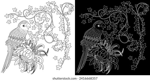 Art therapy coloring page. Coloring book antistress for children and adults. Birds and flowers hand drawn in vintage style . Ideal for those who want to feel more connected to nature.
