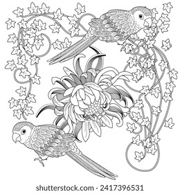 Art therapy coloring page. Coloring book antistress for children and adults. Birds and flowers hand drawn in vintage style . Ideal for those who want to feel more connected to nature.
