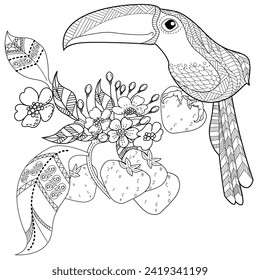 Art therapy coloring page. Coloring book antistress for children and adults. Birds and Flowers Daisies hand drawn in vintage style . Ideal for those who want to feel more connected to nature.
