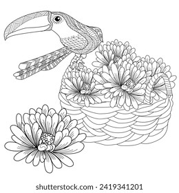 Art therapy coloring page. Coloring book antistress for children and adults. Birds and Flowers Daisies hand drawn in vintage style . Ideal for those who want to feel more connected to nature.
