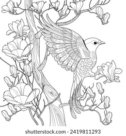 Página de coloreo de la terapia artística. Antiestrés en libros de colores para niños y adultos. Aves y flores dibujadas a mano en un estilo vintage. Ideal para los que quieren sentirse más conectados con la naturaleza.
