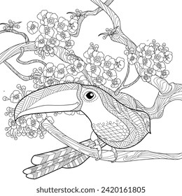 Art therapy coloring page. Coloring book antistress for children and adults. Birds and flowers hand drawn in vintage style . Ideal for those who want to feel more connected to nature.

