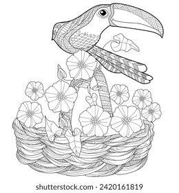 Art therapy coloring page. Coloring book antistress for children and adults. Birds and flowers hand drawn in vintage style . Ideal for those who want to feel more connected to nature.

