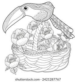 Art therapy coloring page. Coloring book antistress for children and adults. Birds and flowers hand drawn in vintage style . Ideal for those who want to feel more connected to nature.

