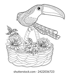 Art therapy coloring page. Coloring book antistress for children and adults. Birds and flowers hand drawn in vintage style . Ideal for those who want to feel more connected to nature.

