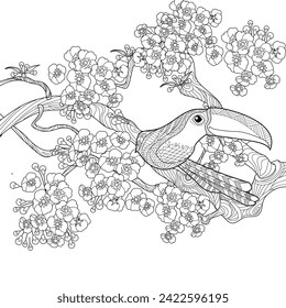 Art therapy coloring page. Coloring book antistress for children and adults. Birds and flowers hand drawn in vintage style . Ideal for those who want to feel more connected to nature.

