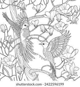 Art therapy coloring page. Coloring book antistress for children and adults. Birds and flowers hand drawn in vintage style . Ideal for those who want to feel more connected to nature.
