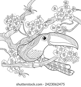 Art therapy coloring page. Coloring book antistress for children and adults. Birds and flowers hand drawn in vintage style . Ideal for those who want to feel more connected to nature.

