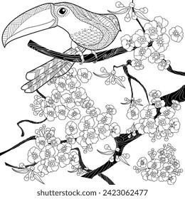 Art therapy coloring page. Coloring book antistress for children and adults. Birds and flowers hand drawn in vintage style . Ideal for those who want to feel more connected to nature.

