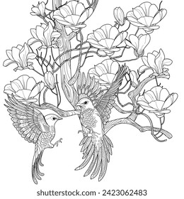 Art therapy coloring page. Coloring book antistress for children and adults. Birds and flowers hand drawn in vintage style . Ideal for those who want to feel more connected to nature.
