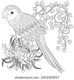 Art therapy coloring page. Coloring book antistress for children and adults. Birds and flowers hand drawn in vintage style . Ideal for those who want to feel more connected to nature.
