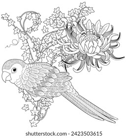 Art therapy coloring page. Coloring book antistress for children and adults. Birds and flowers hand drawn in vintage style . Ideal for those who want to feel more connected to nature.
