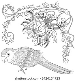 Art therapy coloring page. Coloring book antistress for children and adults. Birds and flowers hand drawn in vintage style . Ideal for those who want to feel more connected to nature.
