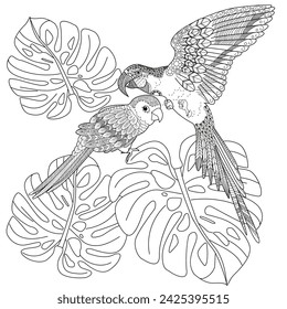 Art therapy coloring page. Coloring book antistress for children and adults. Birds  hand drawn in vintage style . Ideal for those who want to feel more connected to nature.
