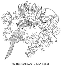 Art therapy coloring page. Coloring book antistress for children and adults. Birds and flowers hand drawn in vintage style . Ideal for those who want to feel more connected to nature.
