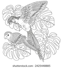 Página para colorear de terapia artística. Libro para colorear antistress para niños y adultos. Pájaros dibujados a mano en estilo vintage . Ideal para aquellos que quieren sentirse más conectados con la naturaleza.
