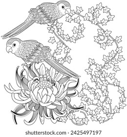 Art therapy coloring page. Coloring book antistress for children and adults. Birds and flowers hand drawn in vintage style . Ideal for those who want to feel more connected to nature.
