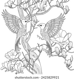 Art therapy coloring page. Coloring book antistress for children and adults. Birds and flowers hand drawn in vintage style . Ideal for those who want to feel more connected to nature.
