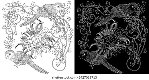 Art therapy coloring page. Coloring book antistress for children and adults. Birds and flowers hand drawn in vintage style . Ideal for those who want to feel more connected to nature.
