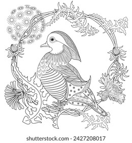 Art therapy coloring page. Coloring Book for adults and children. Colouring pictures with duck. Linear engraved art. Antistress freehand sketch drawing.
