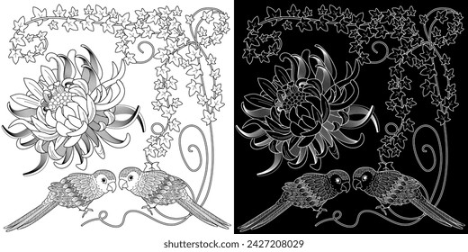 Art therapy coloring page. Coloring book antistress for children and adults. Birds and flowers hand drawn in vintage style . Ideal for those who want to feel more connected to nature.
