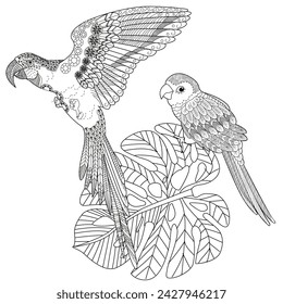 Art therapy coloring page. Coloring book antistress for children and adults. Bird parrot hand drawn in vintage style. The art of linear engraving.
