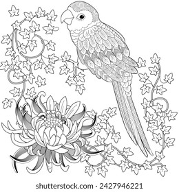 Art therapy coloring page. Coloring book antistress for children and adults. Birds and flowers hand drawn in vintage style . Ideal for those who want to feel more connected to nature.
