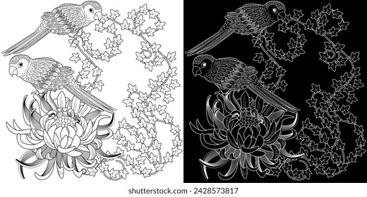 Art therapy coloring page. Coloring book antistress for children and adults. Birds and flowers hand drawn in vintage style . Ideal for those who want to feel more connected to nature.
