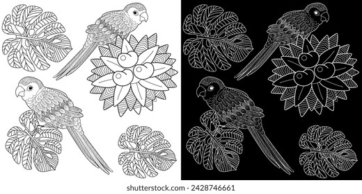 Art therapy coloring page. Coloring book antistress for children and adults. Birds and flowers hand drawn in vintage style . Ideal for those who want to feel more connected to nature.
