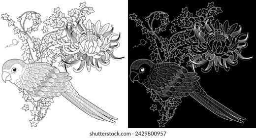 Art therapy coloring page. Coloring book antistress for children and adults. Birds and flowers hand drawn in vintage style . Ideal for those who want to feel more connected to nature.
