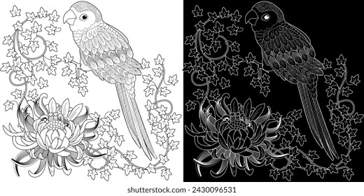 Art therapy coloring page. Coloring book antistress for children and adults. Birds and flowers hand drawn in vintage style . Ideal for those who want to feel more connected to nature.

